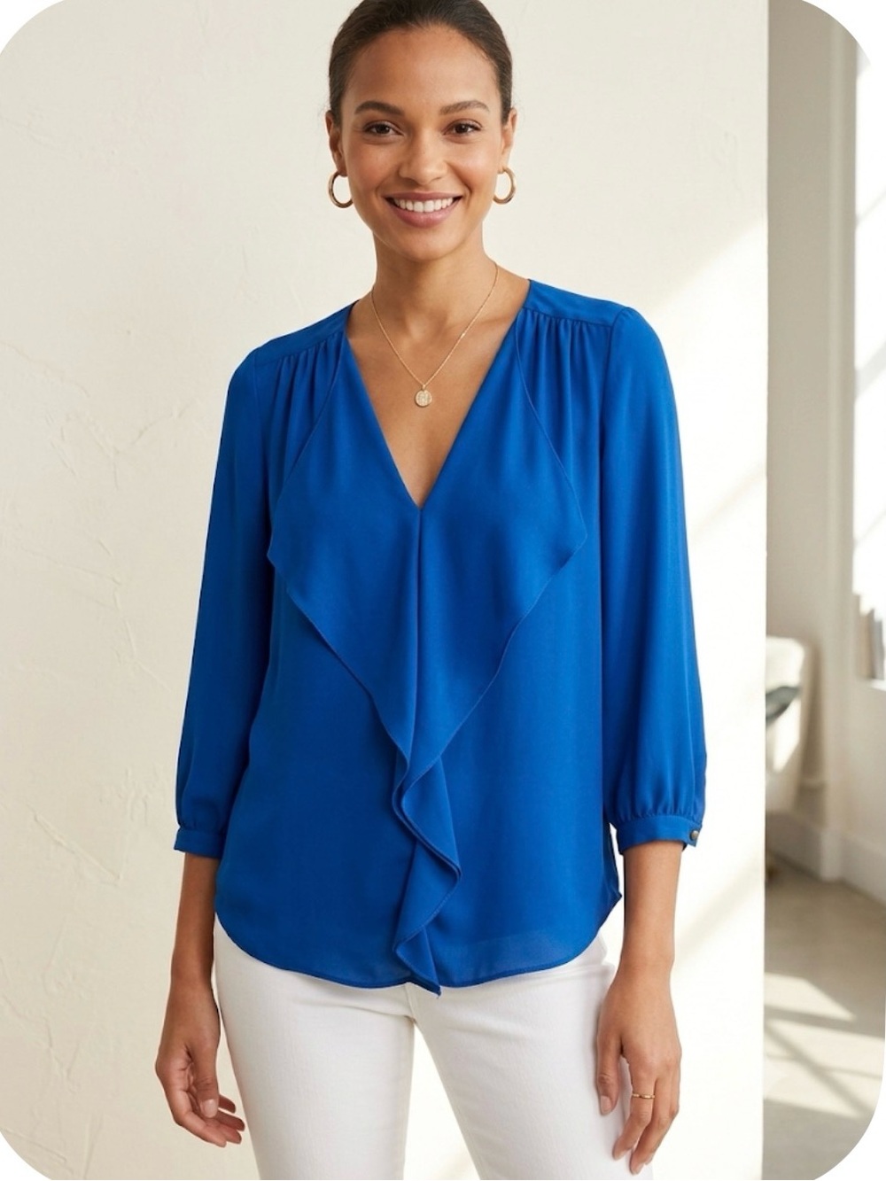 Maeve Anthropologie Royal Blue Ruffle V-Neck Blouse Size 6 EUC